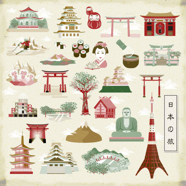 wonderful Japan travel collections wonderful Japan travel collections - Japan travel in Japanese on lower left kanagawa prefecture stock illustrations