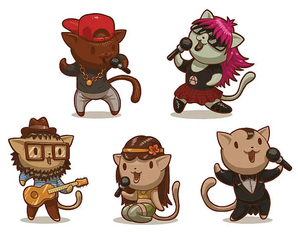 Vector illustration of Set of five cats singing songs in different styles