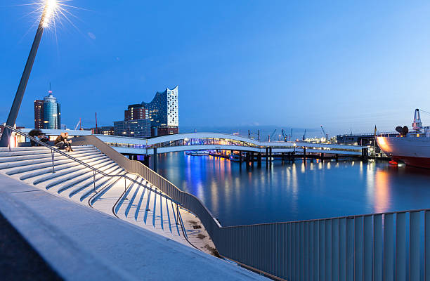 Hamburg, Germany The finally finished Elbpilharmonie with the brand new promenade staircase at the river Elbe close to the Harbor City. hamburg stock pictures, royalty-free photos & images