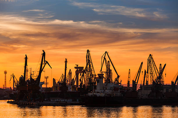 istock Cranes and cargo ships in Varna port at sunset 501361896