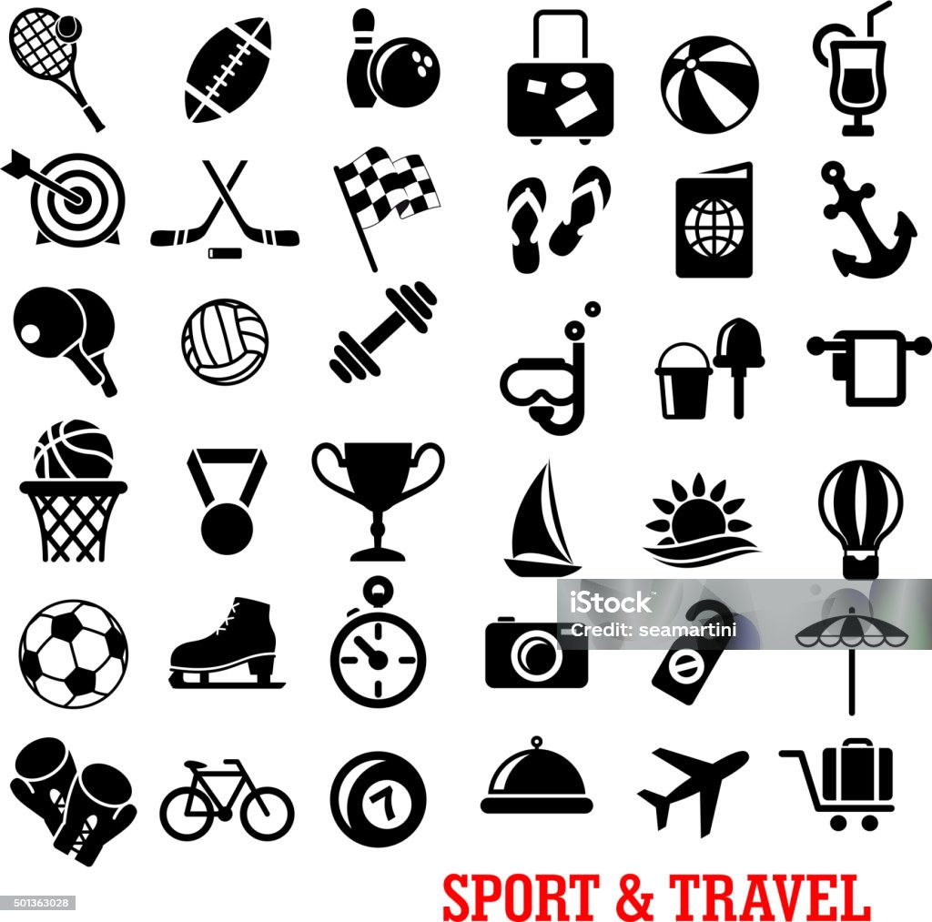 Sport, travel, tourism an recreation icons set Black sport and travel icons set with ball, airplane, passport, camera, luggage, sun, medal, trophy, flag, stopwatch, target, dumbbell, shoes skate diving mask cocktail boat umbrella beach anchor racket bicycle  Beach stock vector