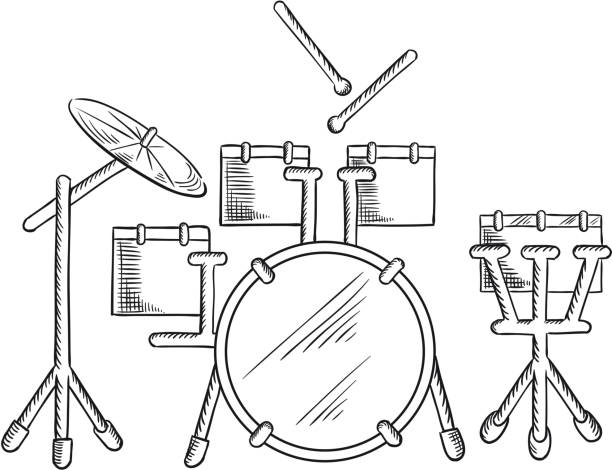 sketch of барабан набор с традиционными kit - cymbal drumstick music percussion instrument stock illustrations