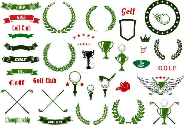 Golf and golfing sport elements or items Golf and golfing sport design elements with balls and crossed clubs, green area with hole and flag, trophy cup, laurel wreaths and star frame, heraldic shield and ribbon banners, crown and wings golf designs stock illustrations