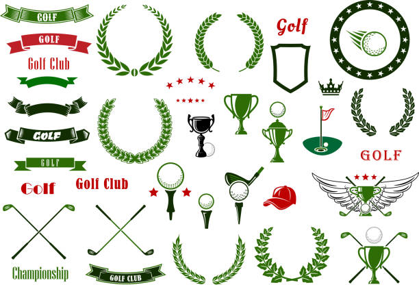 Golf and golfing sport elements or items Golf and golfing sport design elements with balls and crossed clubs, green area with hole and flag, trophy cup, laurel wreaths and star frame, heraldic shield and ribbon banners, crown and wings winners cup icon stock illustrations