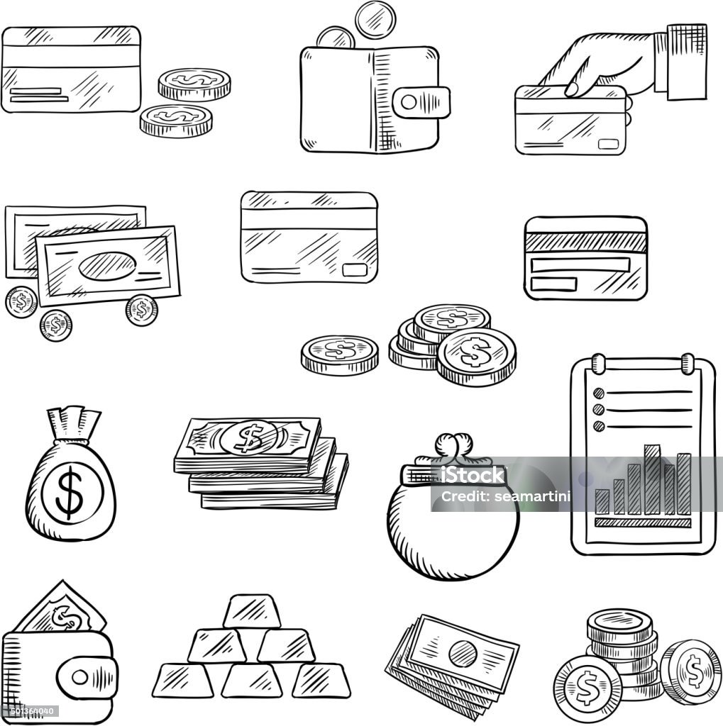 Finance, business and money icons sketches Finance, business and money flat icons of dollar bills and golden coins, stack of gold bars, wallet, money bag, bank credit cards and financial report Sketch stock vector