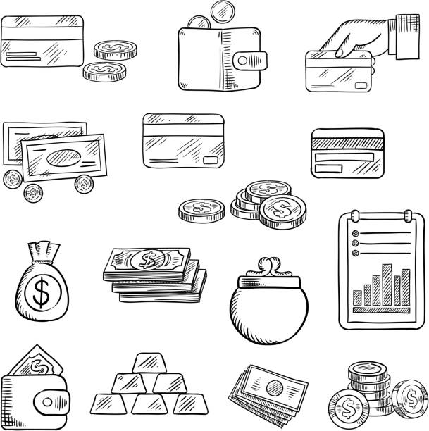 Finance, business and money icons sketches Finance, business and money flat icons of dollar bills and golden coins, stack of gold bars, wallet, money bag, bank credit cards and financial report credit card illustrations stock illustrations