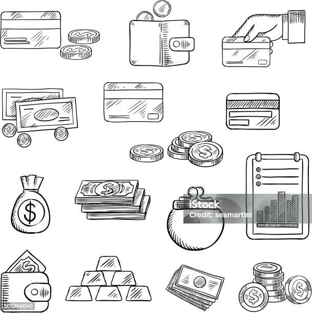 Finance Business And Money Icons Sketches Stock Illustration - Download Image Now - Sketch, Credit Card, Currency