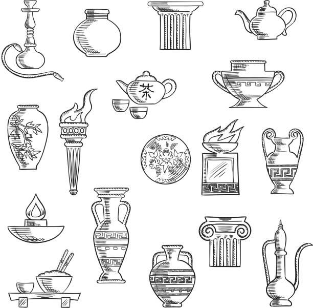 다양한 컨테이너 및 부엌 용품 비치 소묘 - amphora ancient past greece stock illustrations