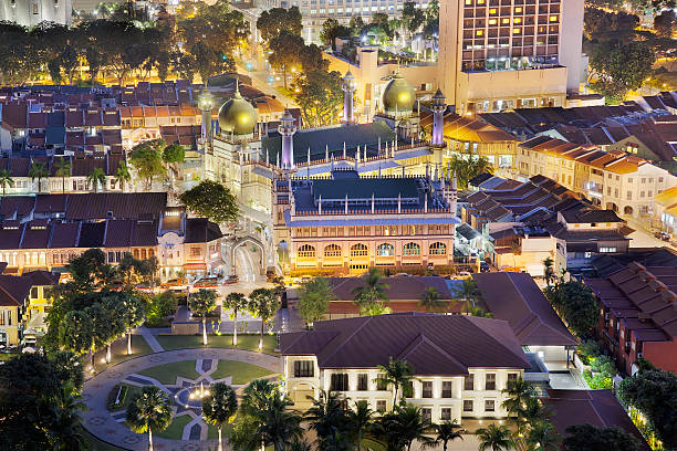 Sultan Mosque at Night Sultan Mosque in Malay Kampong Glam at Night Aerial View istana stock pictures, royalty-free photos & images