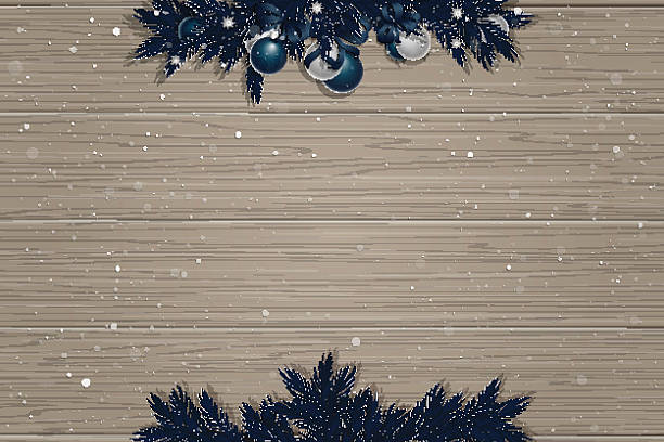 冬の木製の背景に、スプルース枝、装飾と雪 - twig pine tree ribbon decoration点のイラスト素材／クリップアート素材／マンガ素材／アイコン素材
