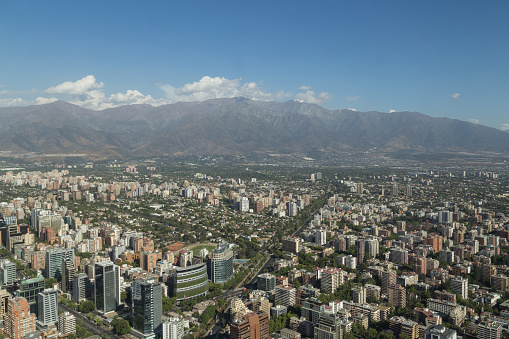 Panoramic city view from the Gran Torre Santiago in Santiago de Chile.