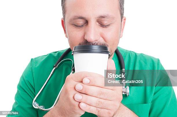 Male Doctor Smelling Fresh Coffee Stock Photo - Download Image Now - Coffee - Drink, Drinking, White Background