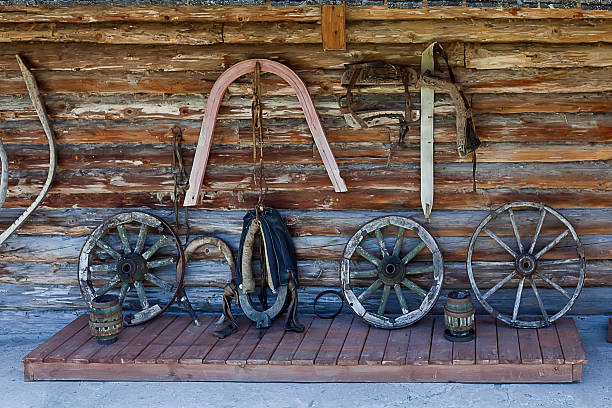 istock log wall with parts of old carts 501388304