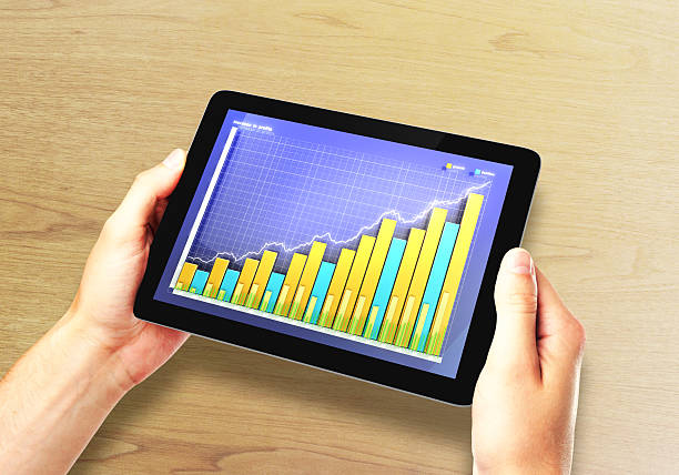 istock Man hands with digital tablet with business chart on desktop 501389552