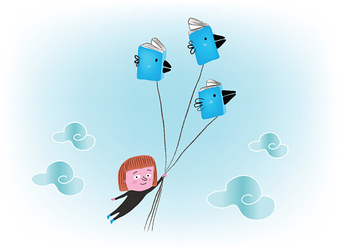 Girl flying with books, vector illustration