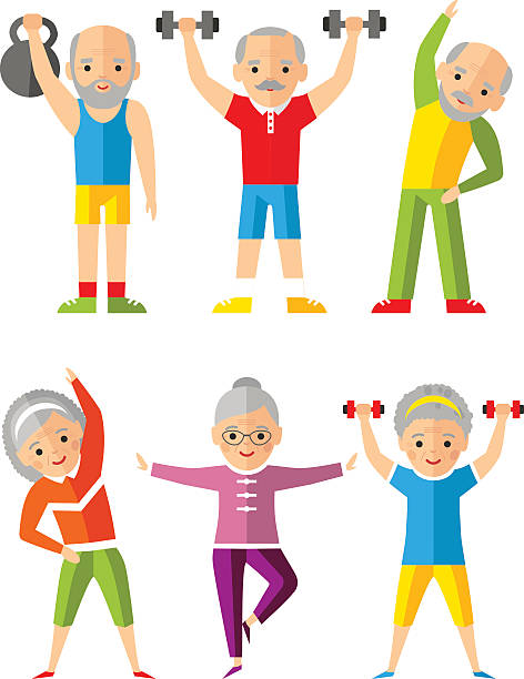 Vector illustration sport healthy and leisure old people activities Lifestyle icons set with adults people playing sports, yoga and fitness cartoon of the older people exercising gym stock illustrations