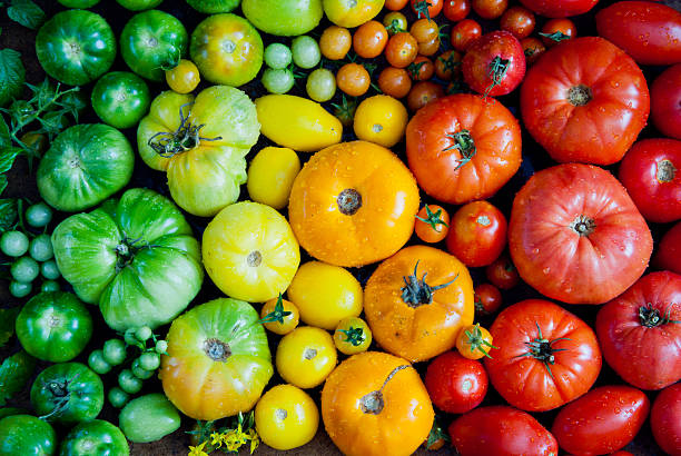 tomates organiques fraîches - heirloom tomato food tomato crate photos et images de collection