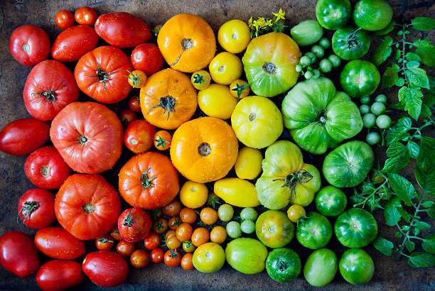 tomates organiques fraîches - heirloom tomato food tomato crate photos et images de collection
