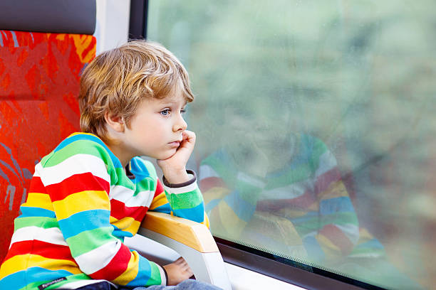 istock Little boy sitting in train and going on vacations 501397394