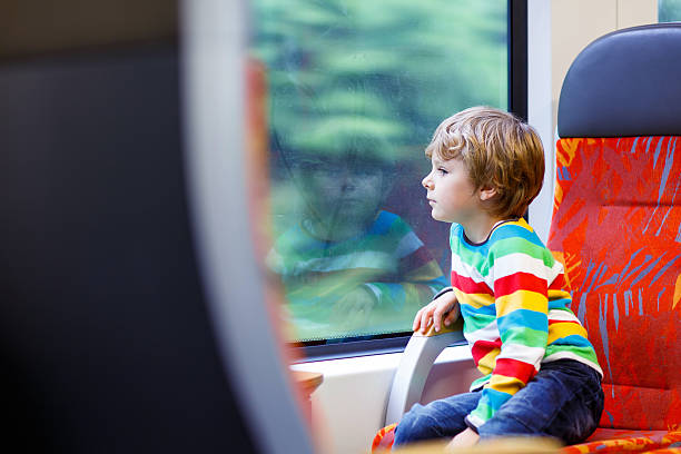 istock Little boy sitting in train and going on vacations 501397660