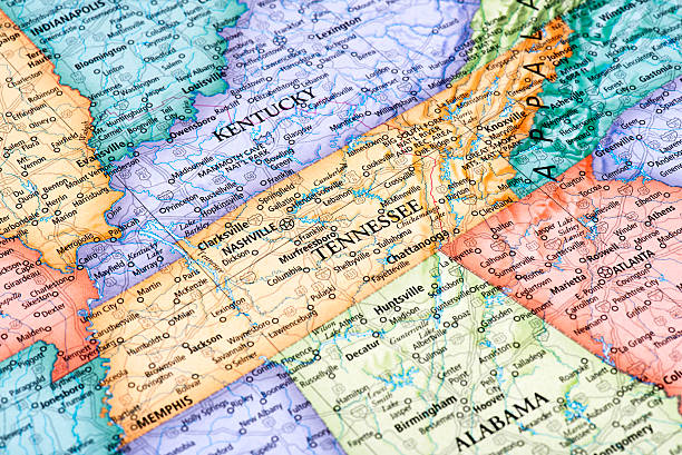Map of Tennessee State Map of Tennessee and Kentucky States in USA. Detail from the World Map. tennessee map stock pictures, royalty-free photos & images