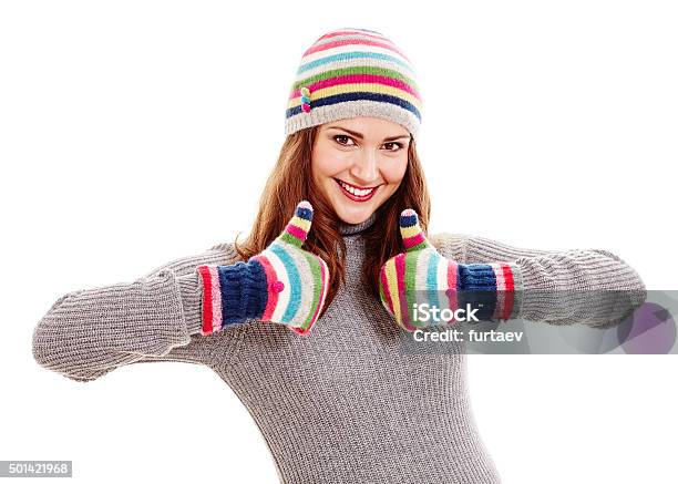 Woman In Hat And Mittens Stock Photo - Download Image Now - University Student, Winter, OK Sign