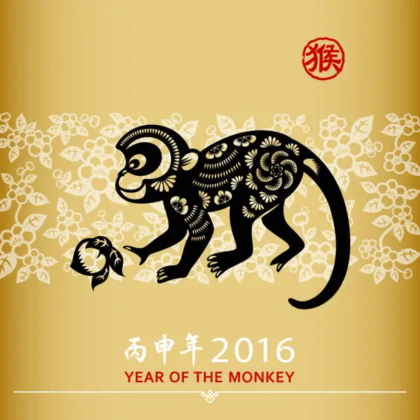 Vector illustration of Year of the monkey and floral paper-cut art