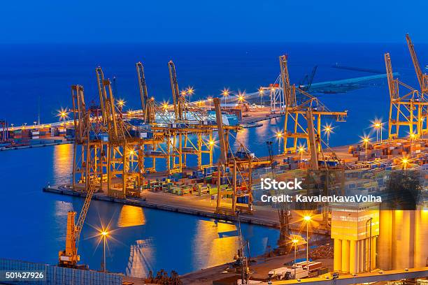 Sea Cargo Port At Night In Barcelona Spain Stock Photo - Download Image Now - 2015, Aerial View, Barcelona - Spain