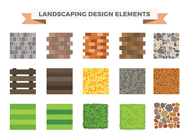 Landscaping garden design elements Landscaping garden design elements. Landscaping plants, landscaping trees vector icons isolated. Landscaping plan vector elements icons. Landscape garden design constructor. Landscaping design garden pathway stock illustrations