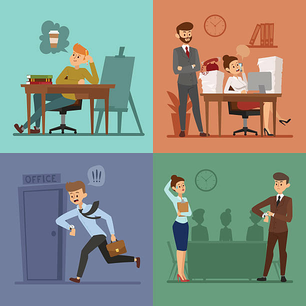 Business work time lag vector illusutration Business work time lag vector illusutration. Procrastination concept. People delay, time late business situations cartoon vector. Time delay, time lag, bad workers. Office people stress situation wasting time stock illustrations