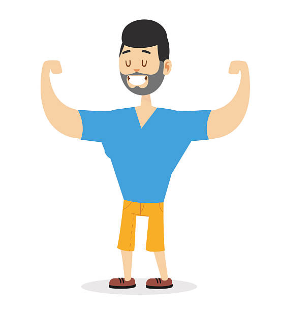 Teen power strong man illustration on white background Teen power strong man athlete illustration on white background. Cartoon sportsman, man vector. Young bearded man hipster. Vector bearded athlete man isolated. Strong human body. Gym man silhouette cartoon muscular man lifting heavy weights stock illustrations