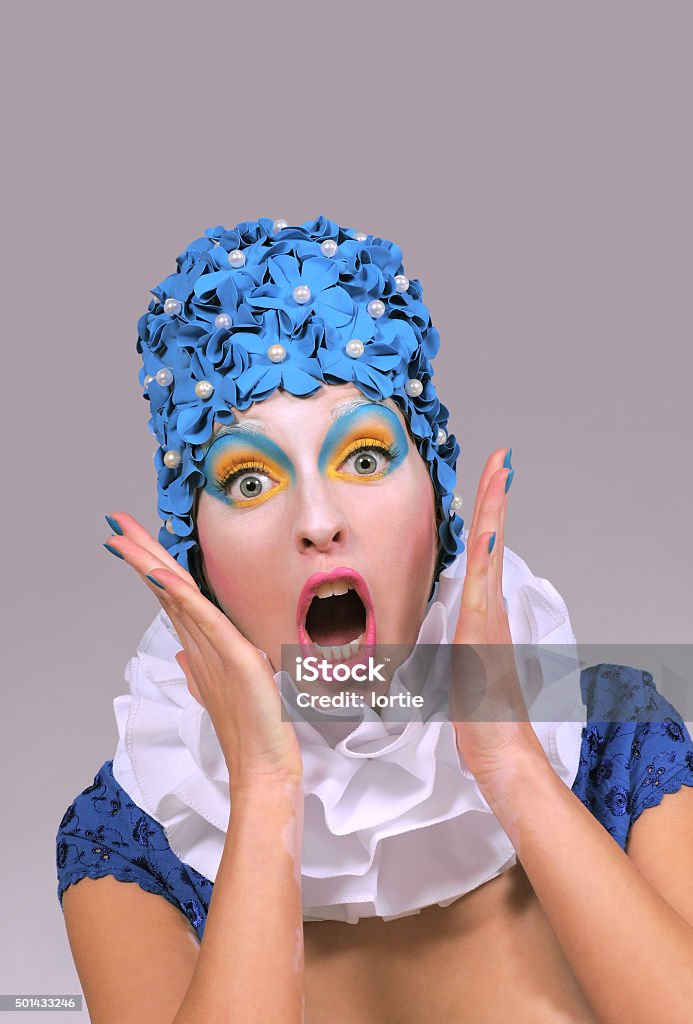 Surprise Clown one A clown all dressed up in blue poses with an astounded surprised expression on her 2015 Stock Photo