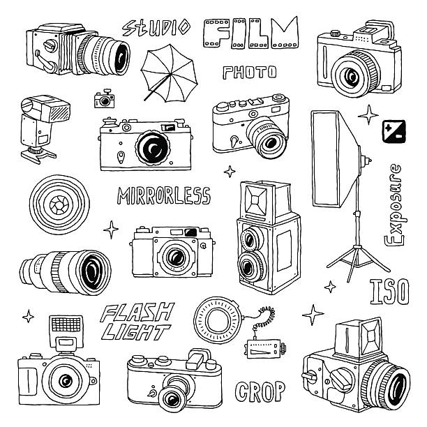 ilustraciones, imágenes clip art, dibujos animados e iconos de stock de foto dibujados a mano las cámaras de 2. ilustración vectorial. - cámara ilustraciones