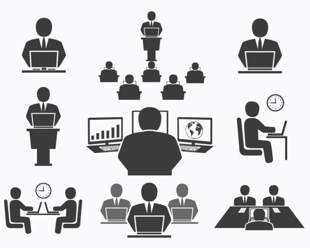 бизнес человек.  значки, офис, компьютер работы конференции - business meeting mediation discussion stock illustrations