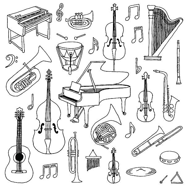 Hand drawn doodle musical instruments. Classical orchestra. Vector illustration. Hand drawn doodle musical instruments. Classical orchestra. Vector illustration. electric organ stock illustrations