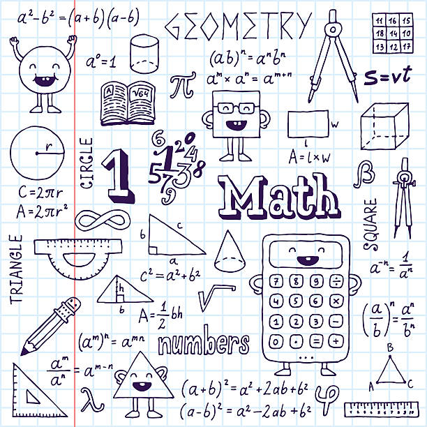 mathematikstunde.  hand drawn.  vektor-illustration.  schule notebook. - geometry two dimensional shape pythagoras geometric shape stock-grafiken, -clipart, -cartoons und -symbole