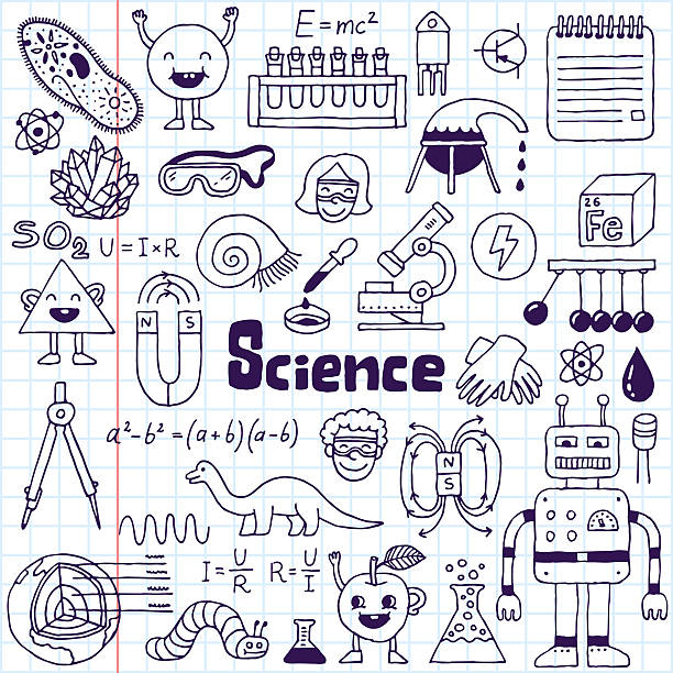 ilustraciones, imágenes clip art, dibujos animados e iconos de stock de ciencia escuela doodle conjunto 1.  ilustración vectorial dibujados a mano. - drawn learn dinosaur