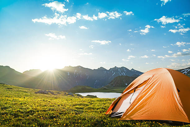 camping in mountains stock photo