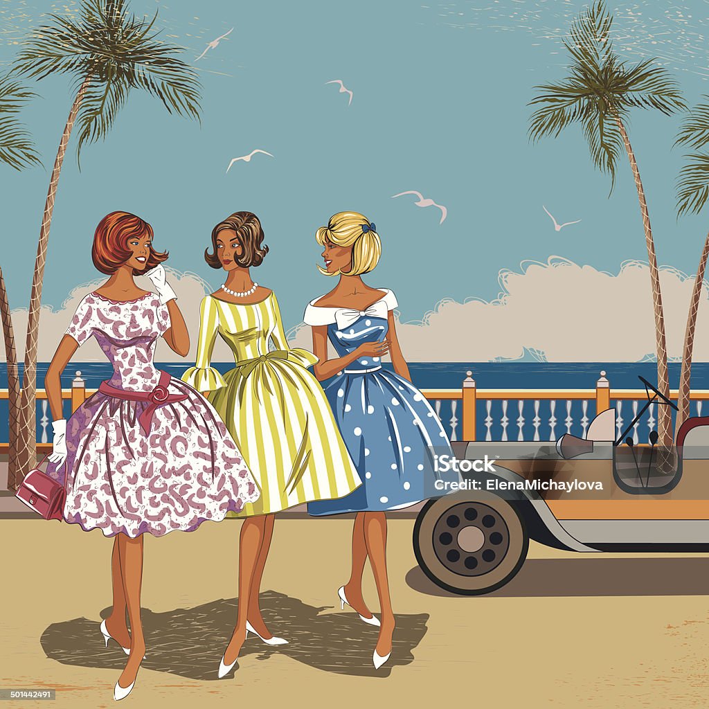 Three women at the sea Three elegant women walking near the beach 1950-1959 stock vector