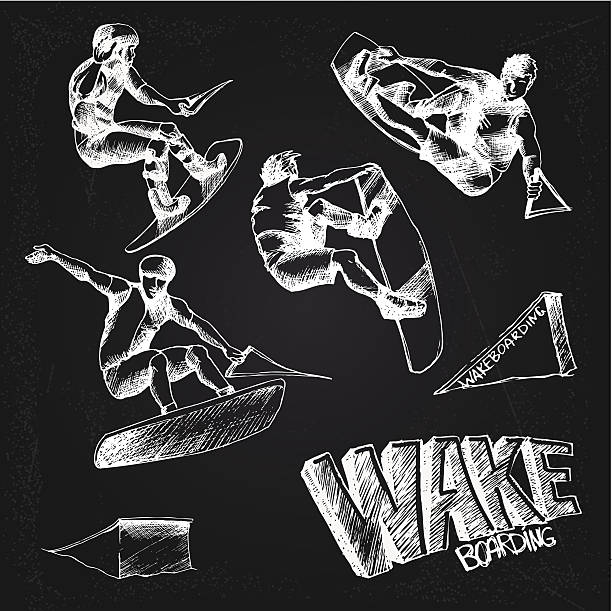 illustrazioni stock, clip art, cartoni animati e icone di tendenza di set di wakeboard - wakeboarding nautical vessel wake jumping