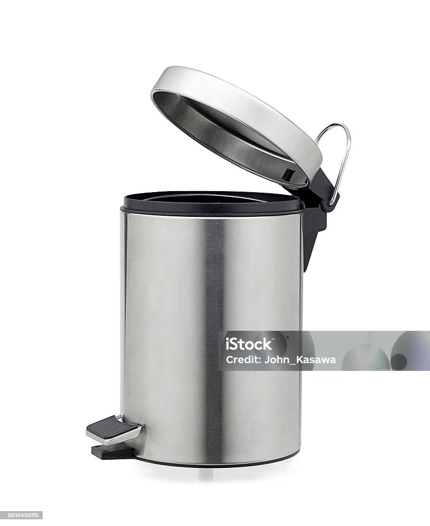 Aluminum trash can isolated Open aluminum chrome trash can isolated on white background Garbage Can Stock Photo