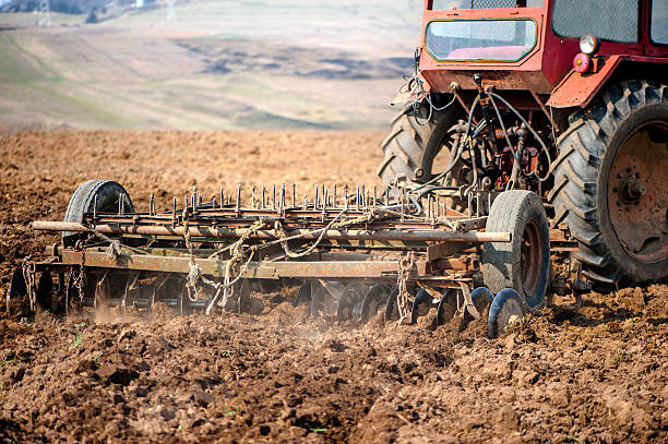 istock Tractor at farm working the field under the clear sky 501445645