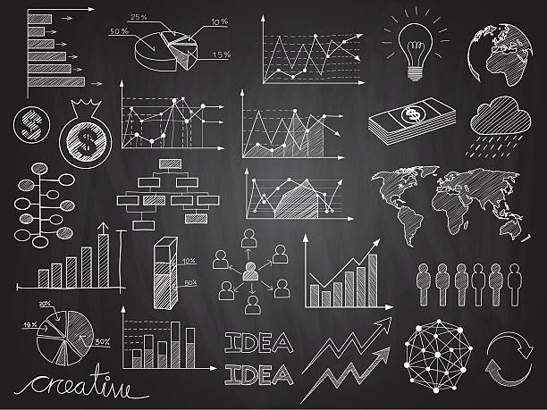 infographics doodles Set of chalkboard info graphics and business doodles. visualization board stock illustrations