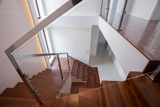 istock Modern wooden and glass staircase 501453076