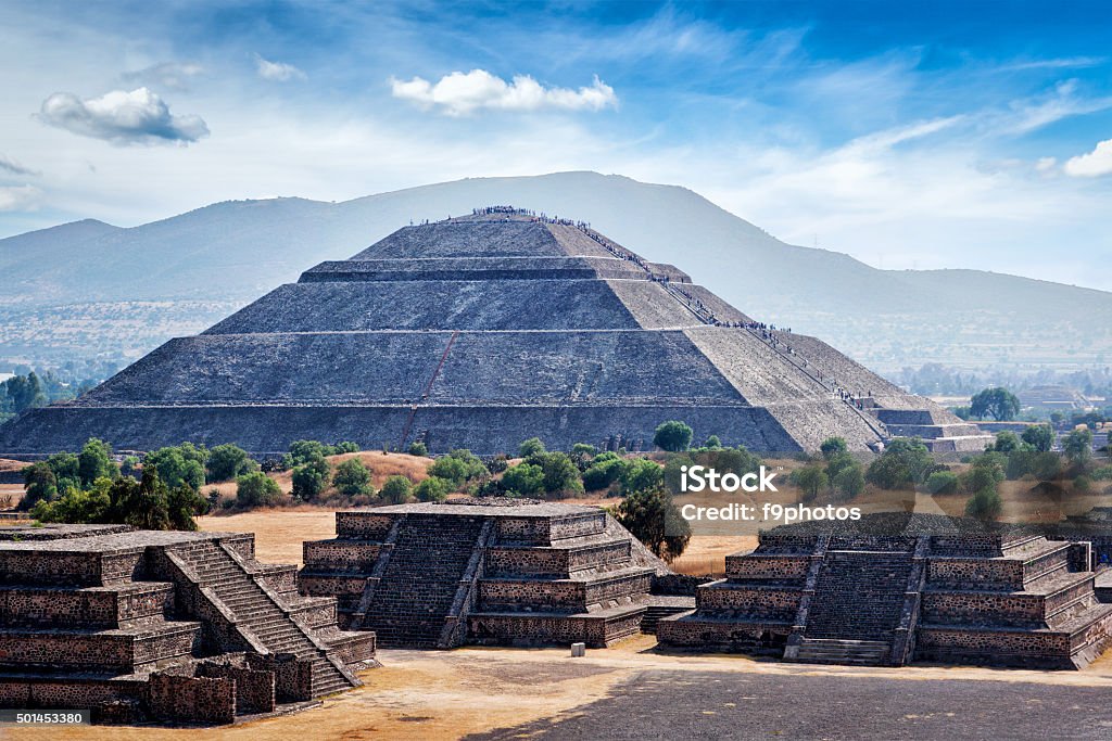 Panorama of Teotihuacan Pyramids Panorama of Pyramid of the Sun. Teotihuacan. Mexico. View from the Pyramid of the Moon. Mexico Stock Photo
