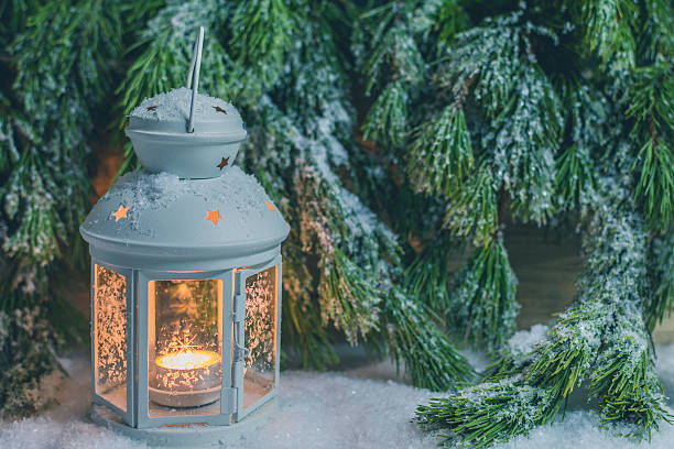 Christmas Lantern With Christmas Tree and Snow
