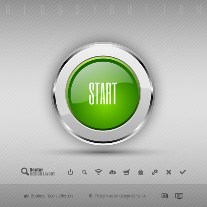 Chrome glossy button with green center. Vector business design elements.