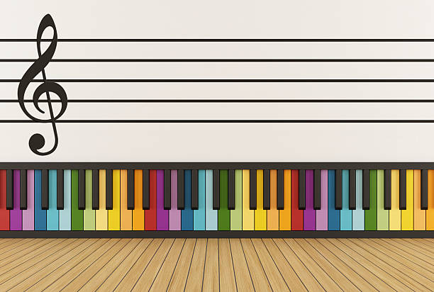 Music room with colorful keyboard and pentagram on wall - 3D Rendering