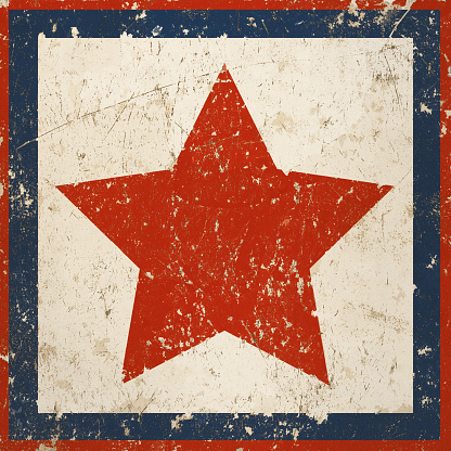 Vintage background with red star, grunge metal texture with peeling paint.