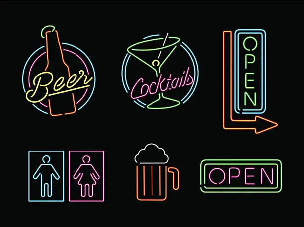 Vector illustration of Neon light sign set icon retro bar beer open label